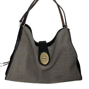 Coach Madison Carlyle Should Bag Black Beige Woven Jacquard Leather Purse Gold